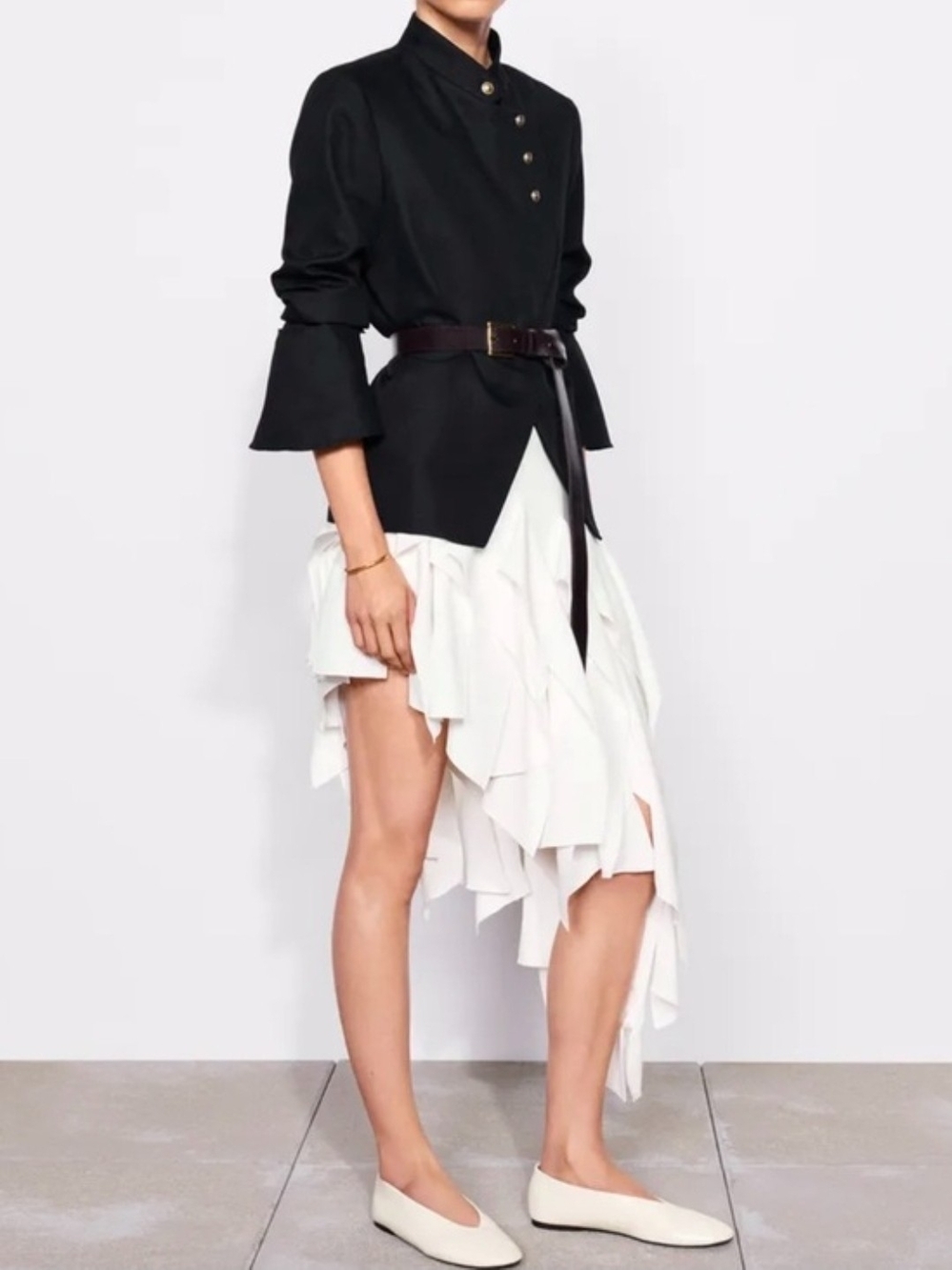 Zara White Asymmetrical Ruffle Skirt